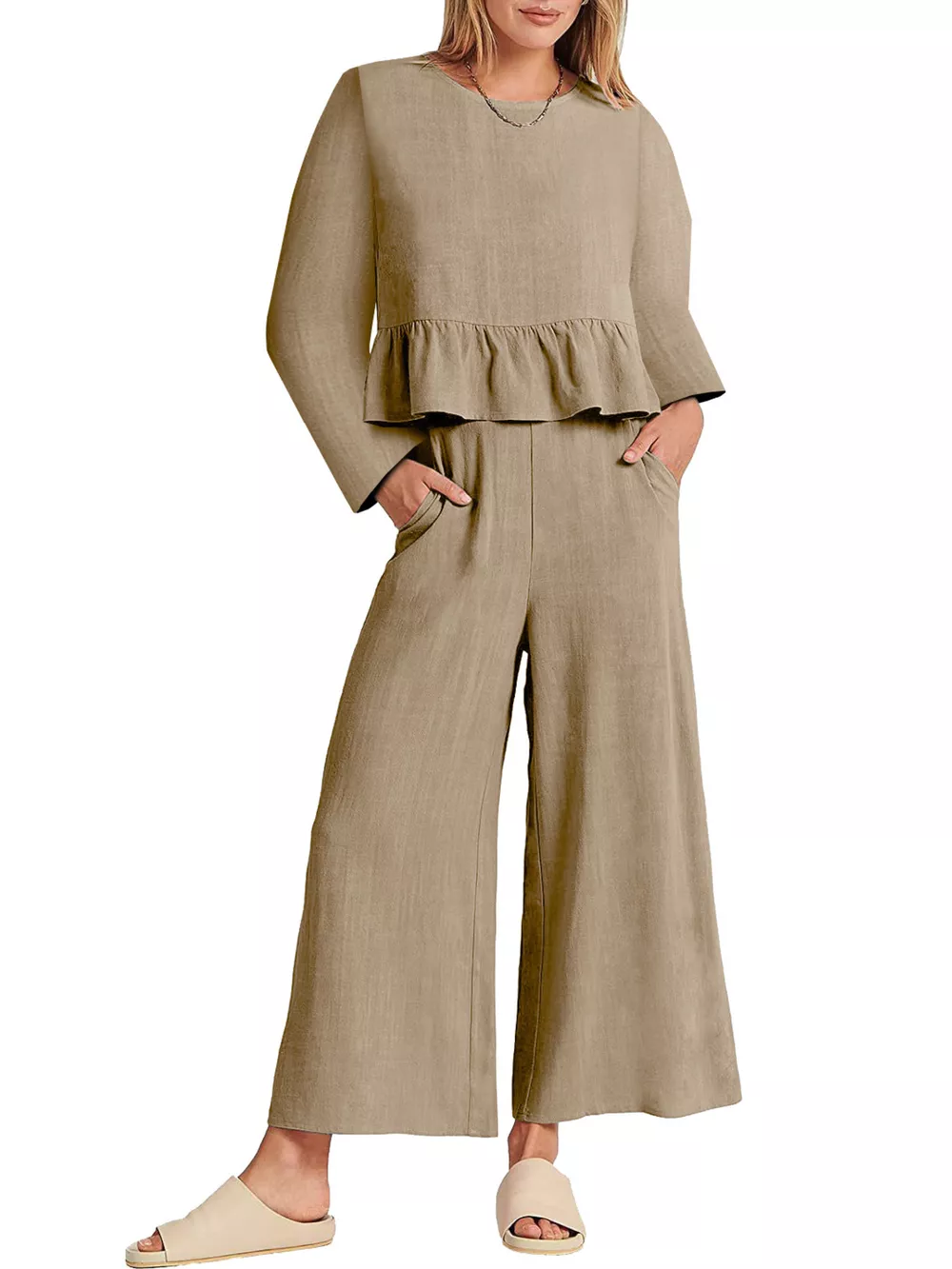Full Size Ruffled Hem Long Sleeve Top and Pants Set Plus Size, image 16