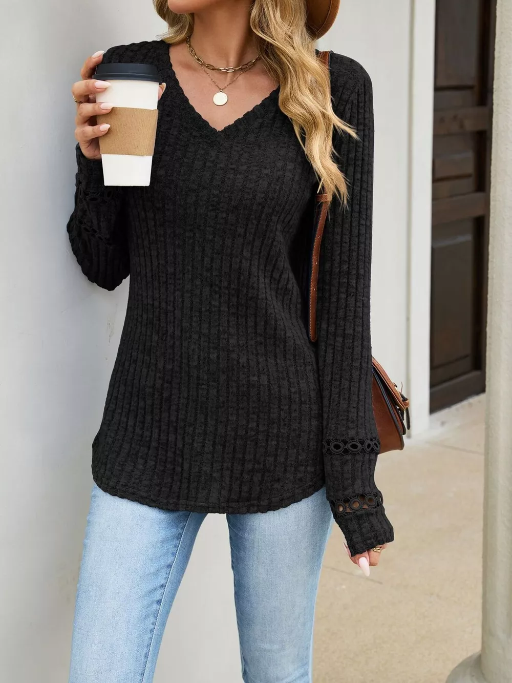 V-Neck Ribbed Knit Top with Eyelet Cuff Detail, image 18