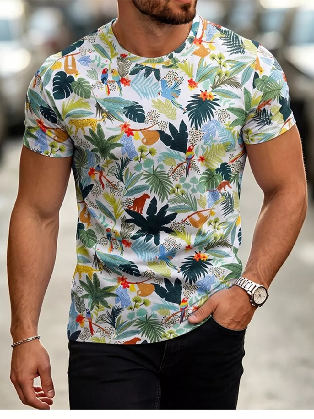 Men's Plus Size Floral Print Slim Fit T-Shirt, image 3