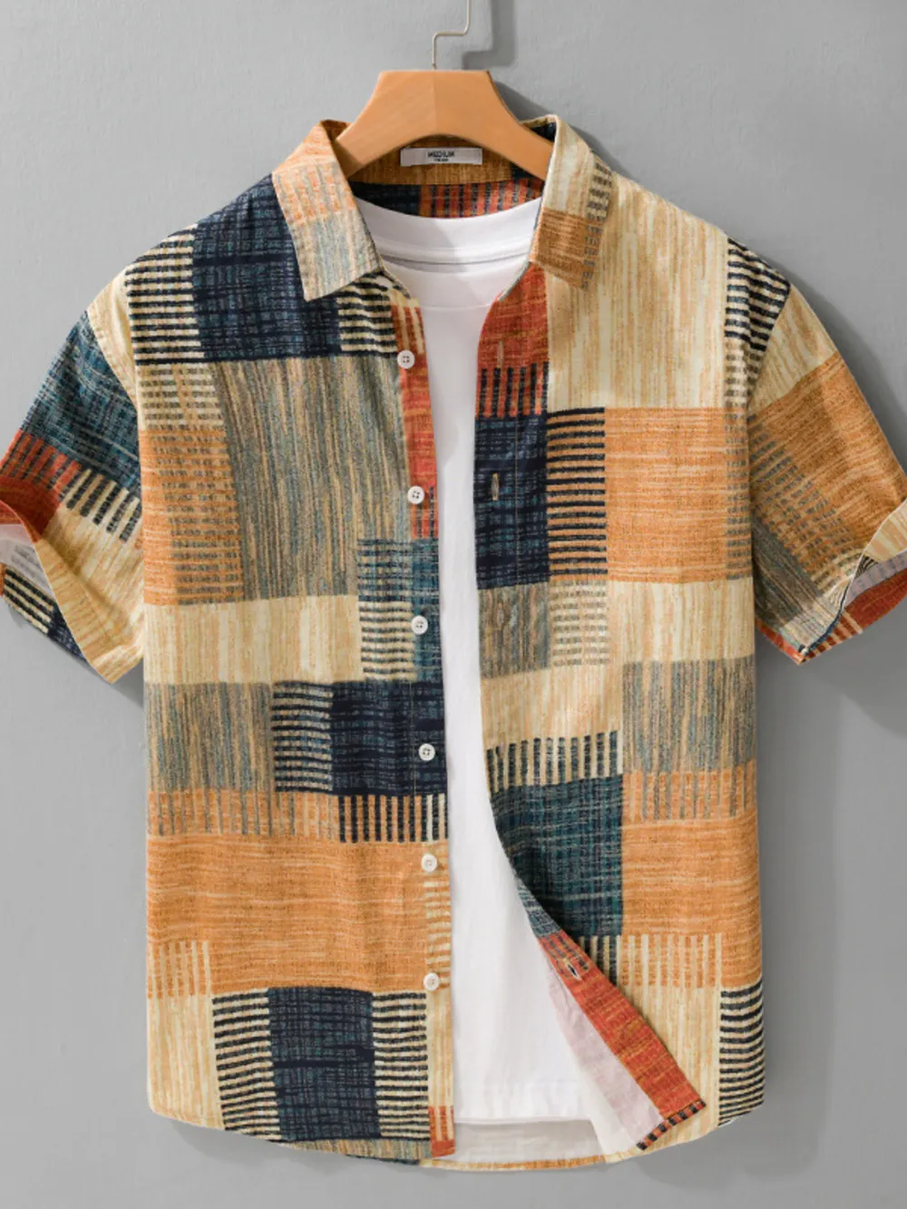 Men's Plus Size Patchwork Print Short Sleeve Shirt
