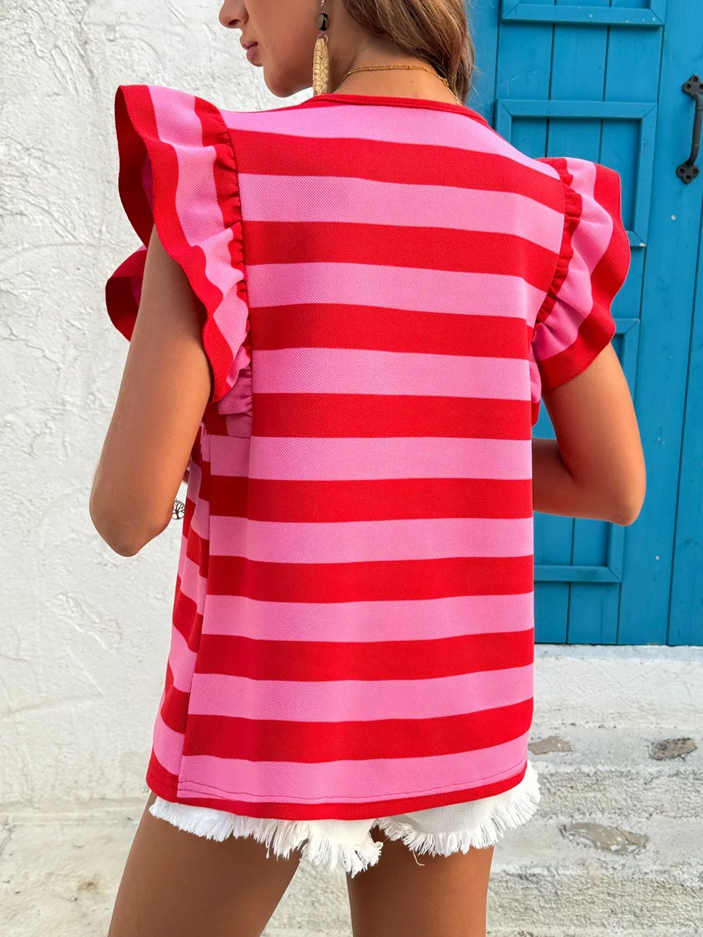 Contrast Striped Ruffle Sleeve T-Shirt, image 9