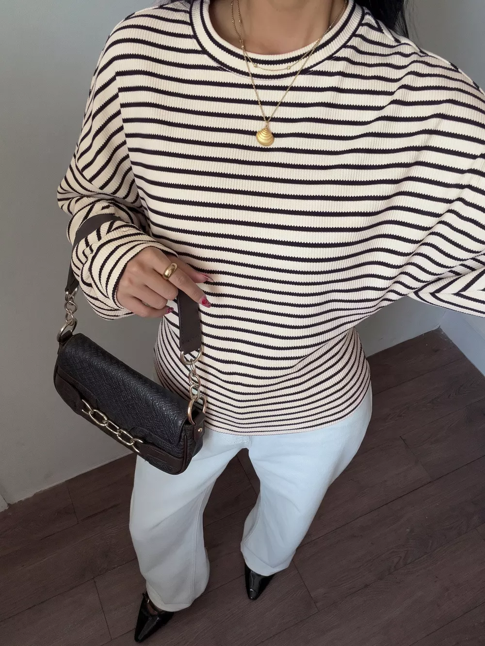 Striped Batwing Sleeve Crew Neck T-Shirt, image 2