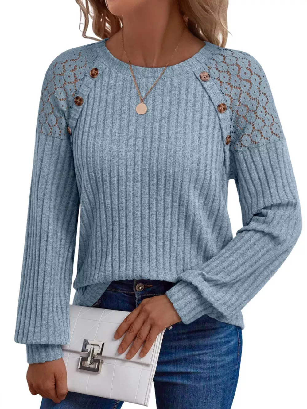 Ribbed Knit T-Shirt with Lace Shoulder Detail, image 22