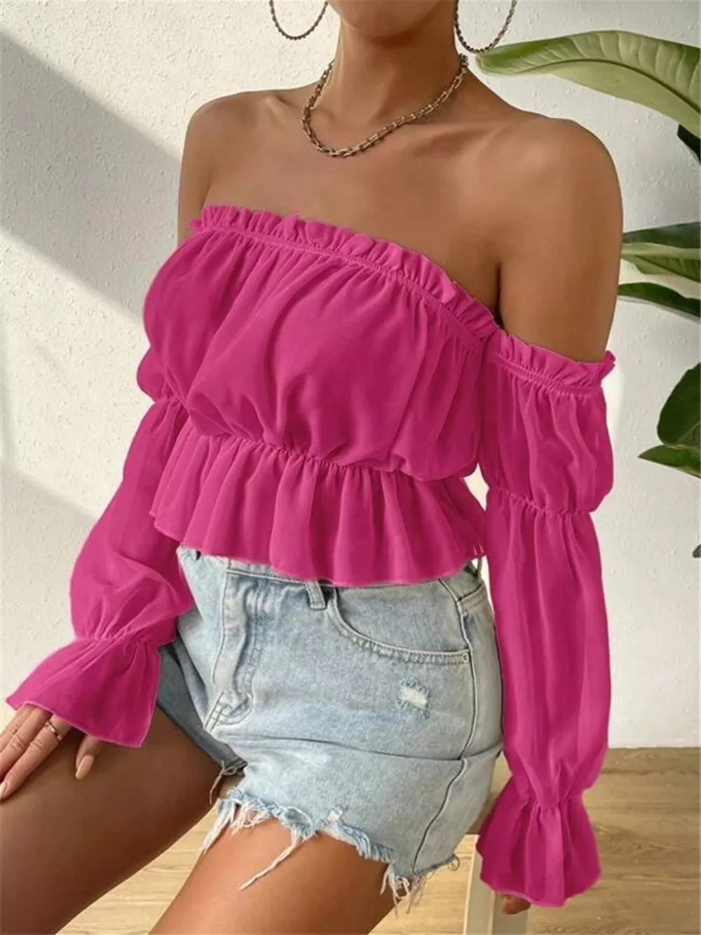 Off-Shoulder Ruffle Trim Sheer Cropped Blouse, image 14