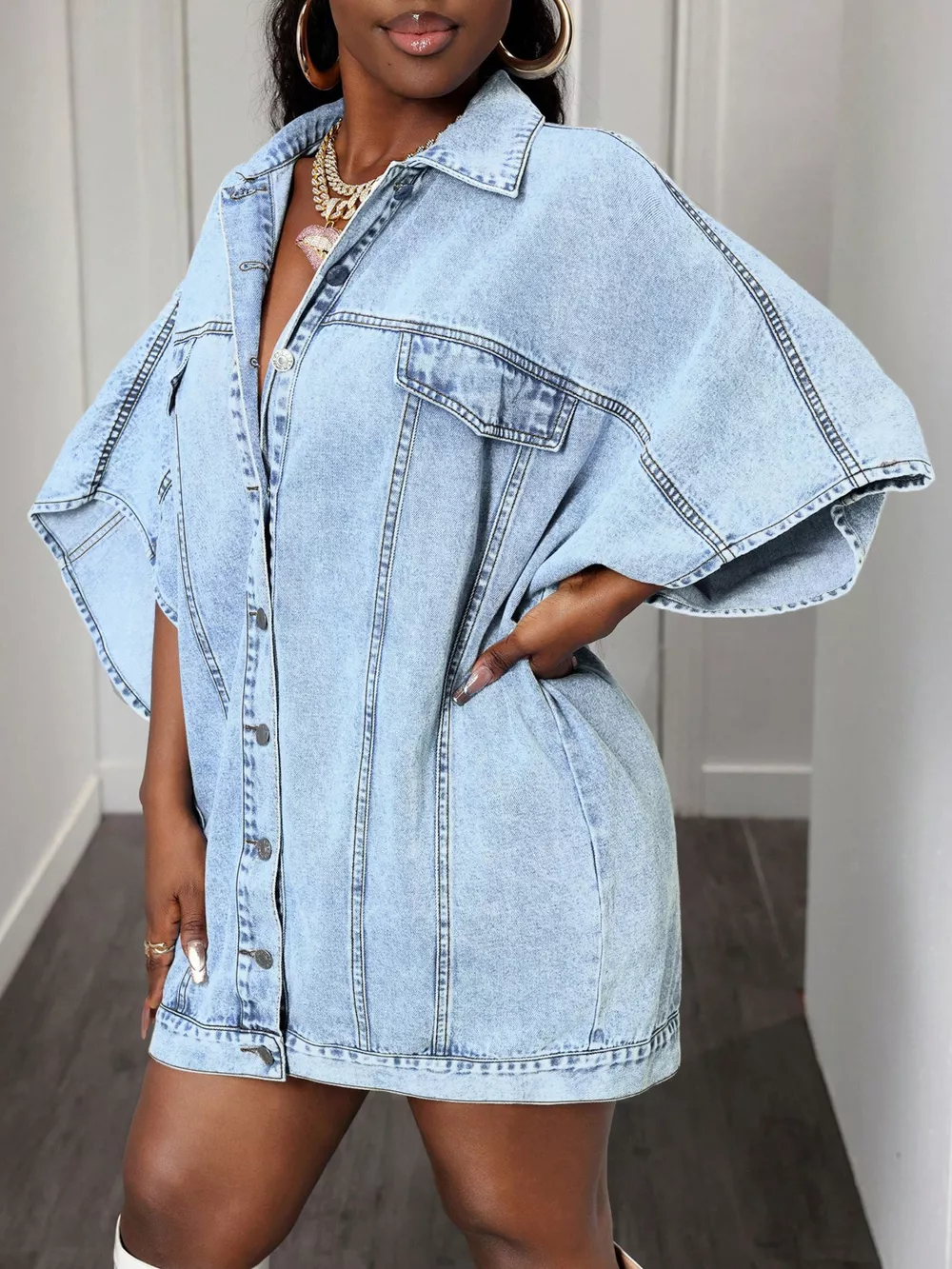 Oversized Batwing Sleeve Denim Top, image 7