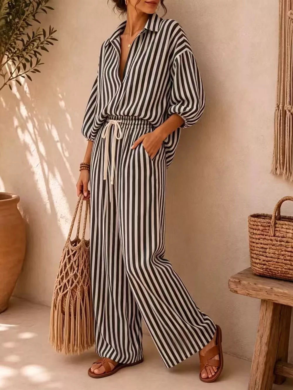 Striped Collared Shirt and Wide-Leg Drawstring Pants Set