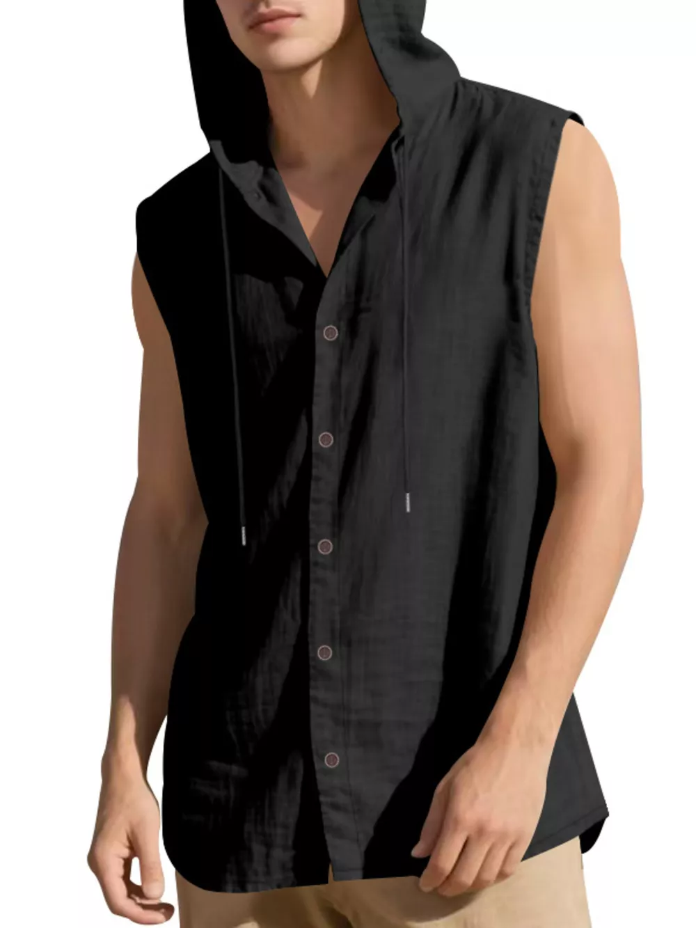 Men's Full Size Casual Sleeveless Hooded Button-Down Top Plus Size, image 2