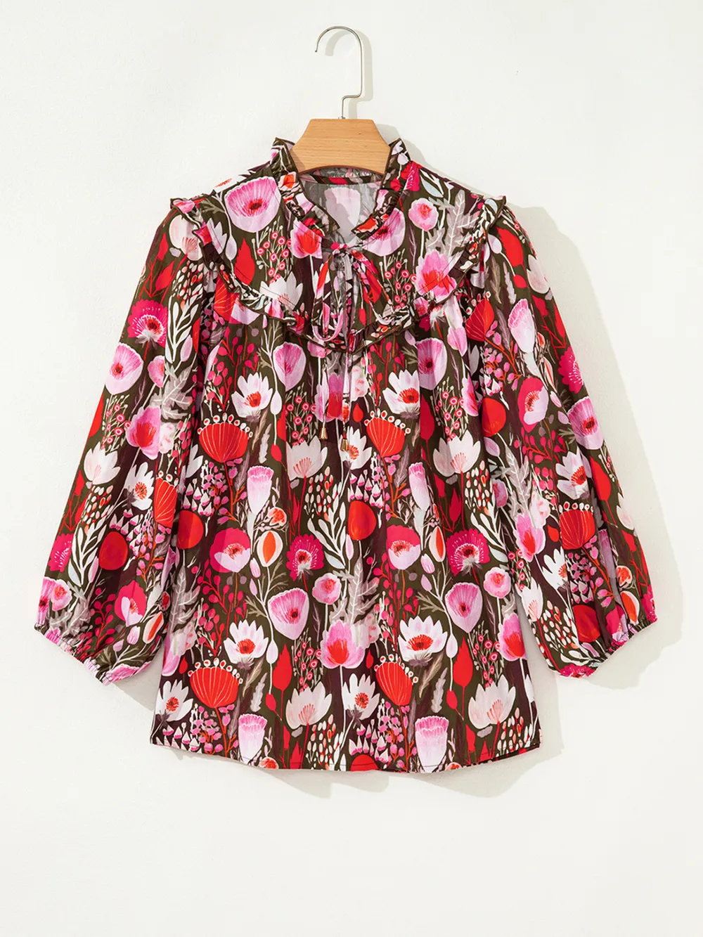 Floral Balloon Sleeve Tie Neck Blouse, image 9