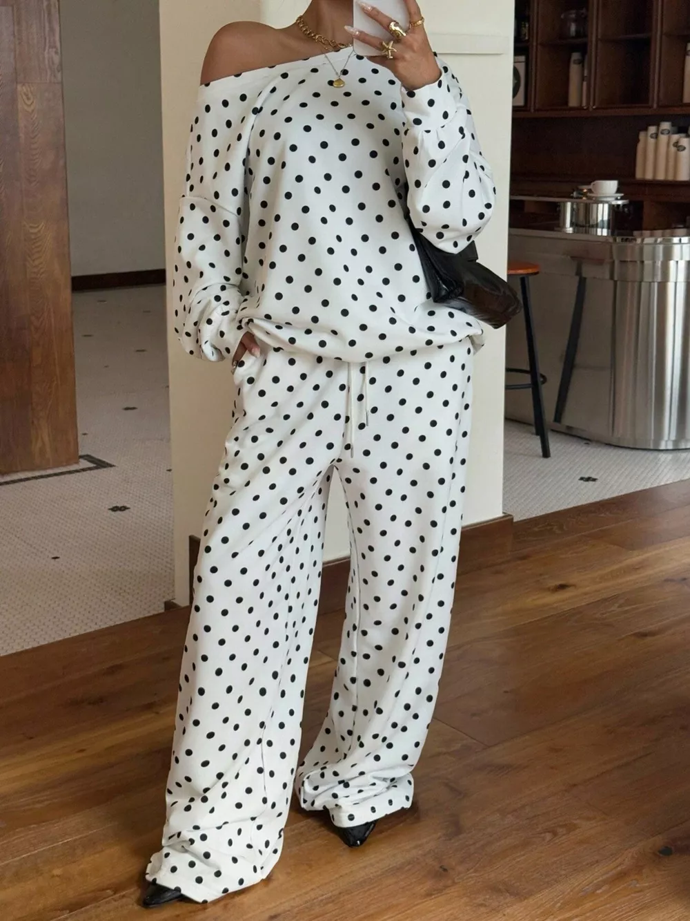 Polka Dot Boat Neck Top and Pants Set, image 8
