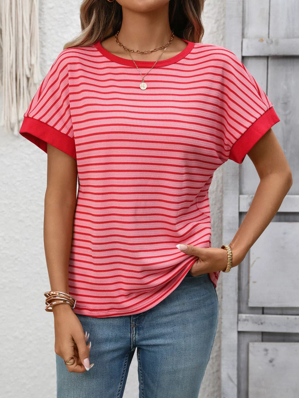 Striped Ribbed Knit Short Sleeve T-Shirt, image 16