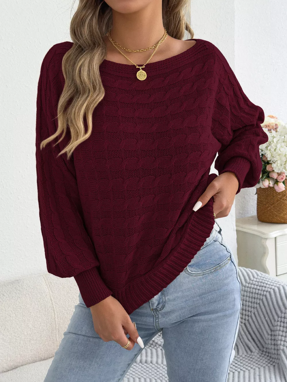 Cable Knit Boat Neck Sweater, image 19