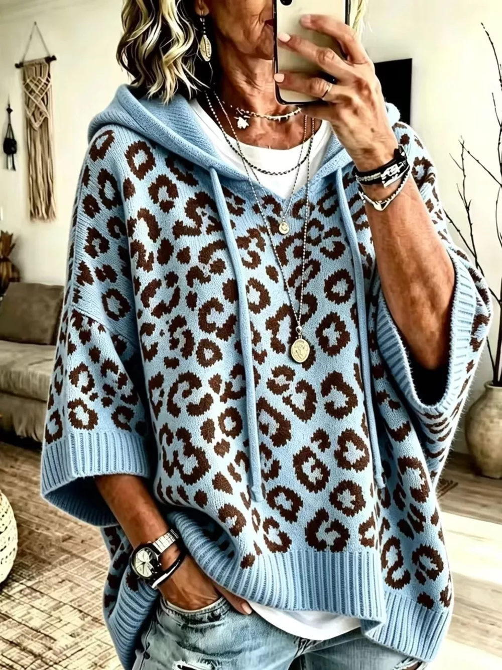 Drawstring Leopard Hooded Sweater, image 4