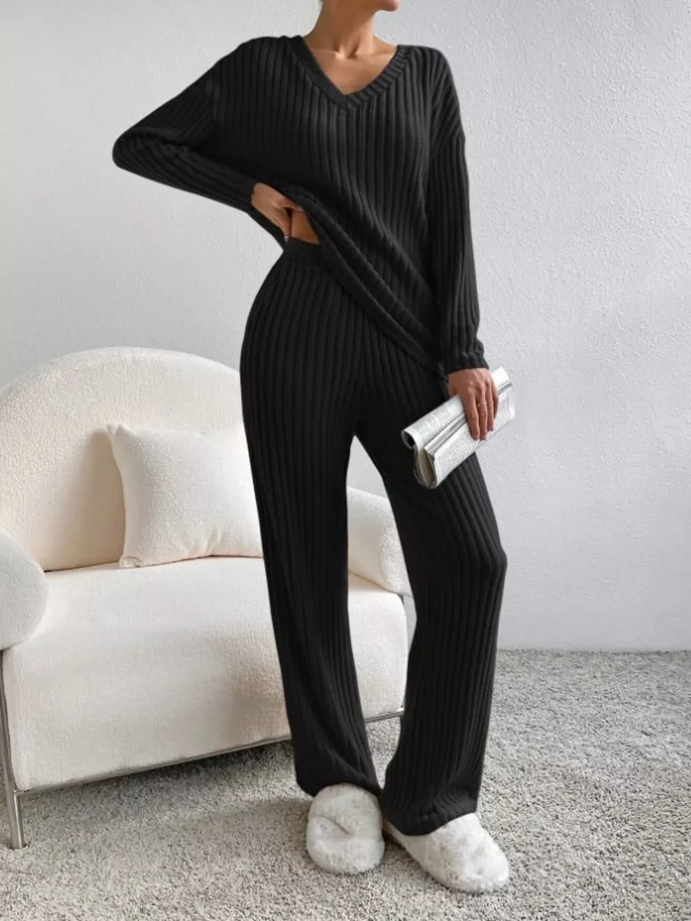 Ribbed Knit V-Neck Top and Pants Set, image 18