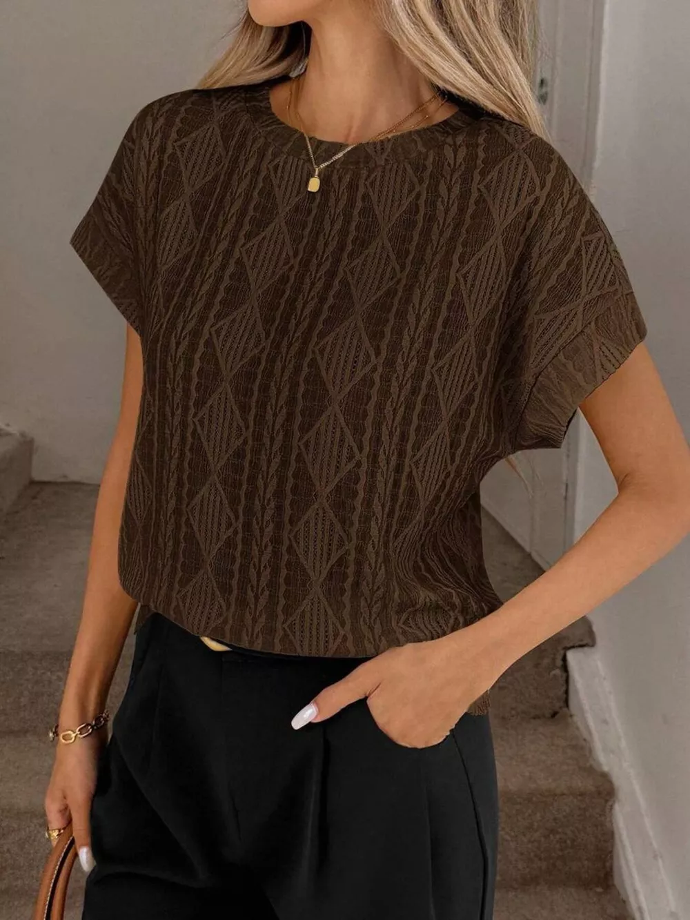 Diamond Pattern Round Neck Top, image 8