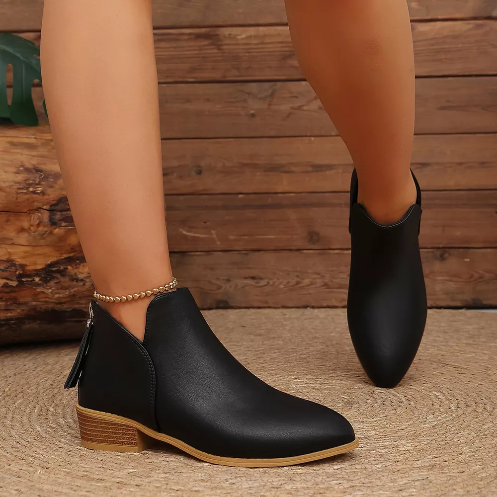 Classic Faux Leather V-Cut Ankle Boots with Block Heel, image 3