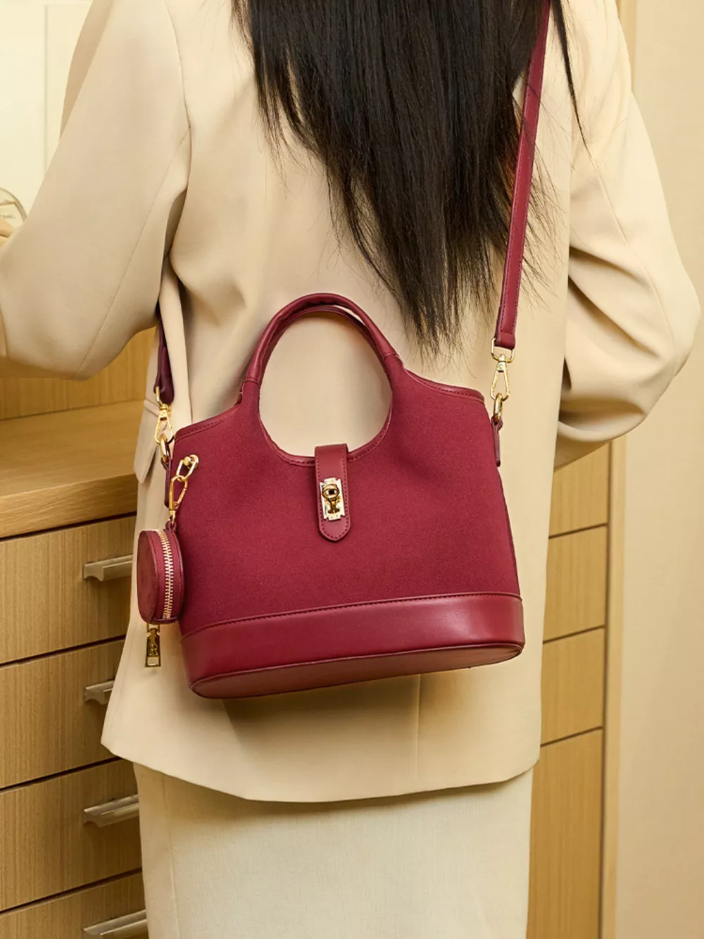 Suede Crossbody Bag with Detachable Coin Pouch, image 4