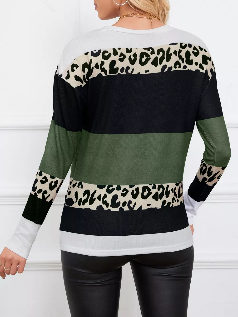 Leopard Color Block Striped Knit Top, image 13
