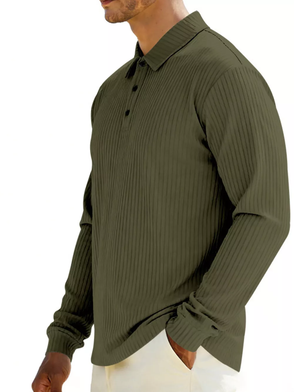 Men's Full Size Ribbed Long Sleeve Polo with Button Detail Plus Size, image 3