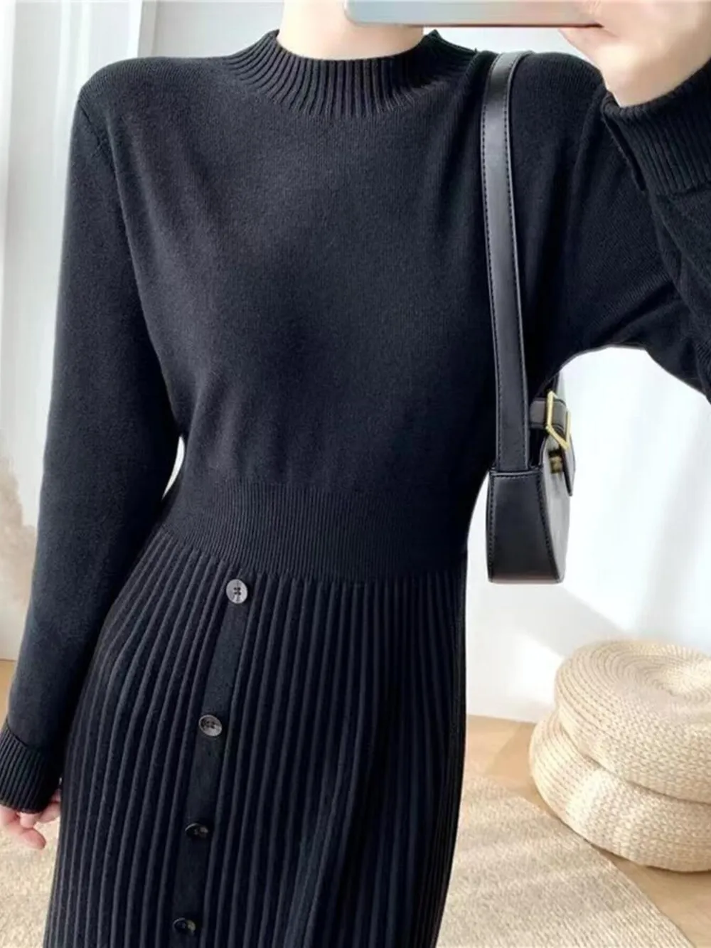 Slit Front Mock Neck Long Sleeve Knit Dress, image 3