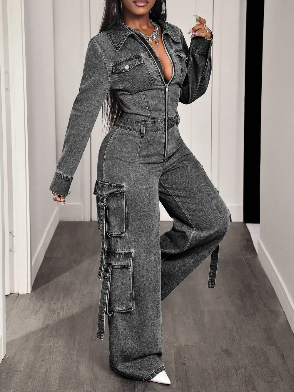 Zip Front Wide Leg Denim Jumpsuit, image 5