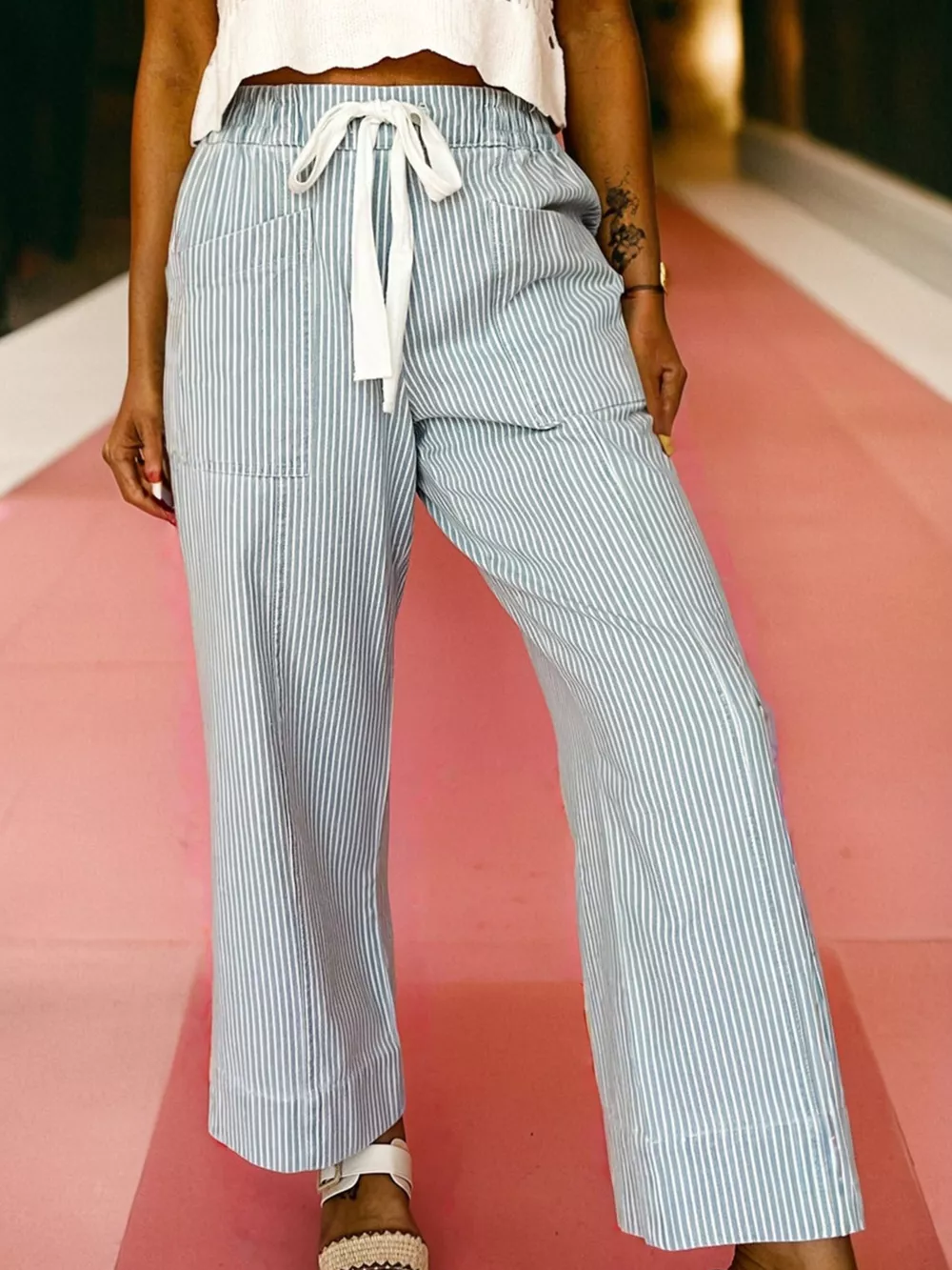 Stripe Mid Rise Drawstring Waist Jeans, image 9