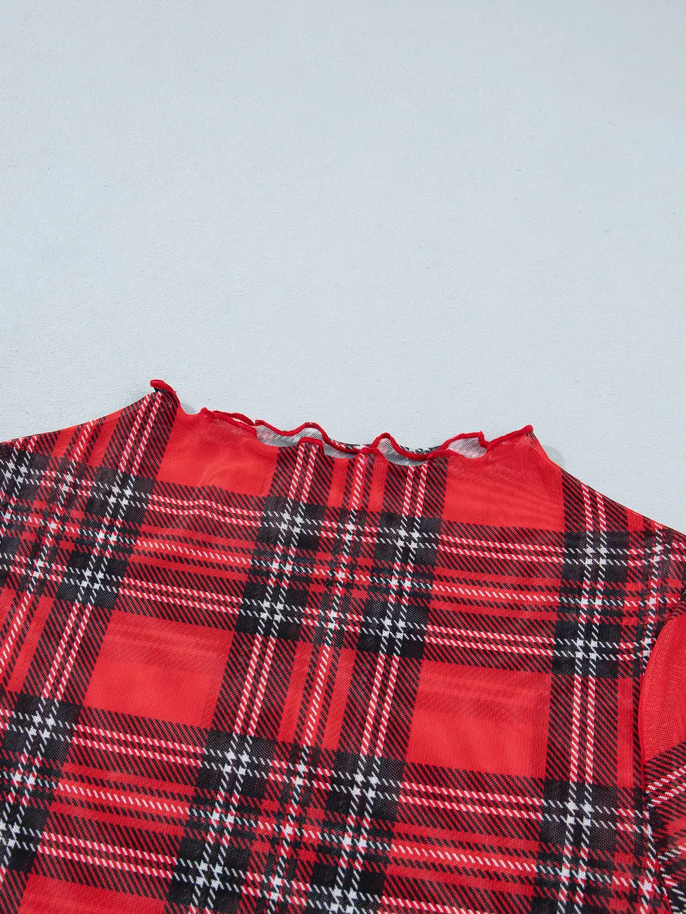 Sheer Plaid Mock Neck Long Sleeve Blouse, image 7