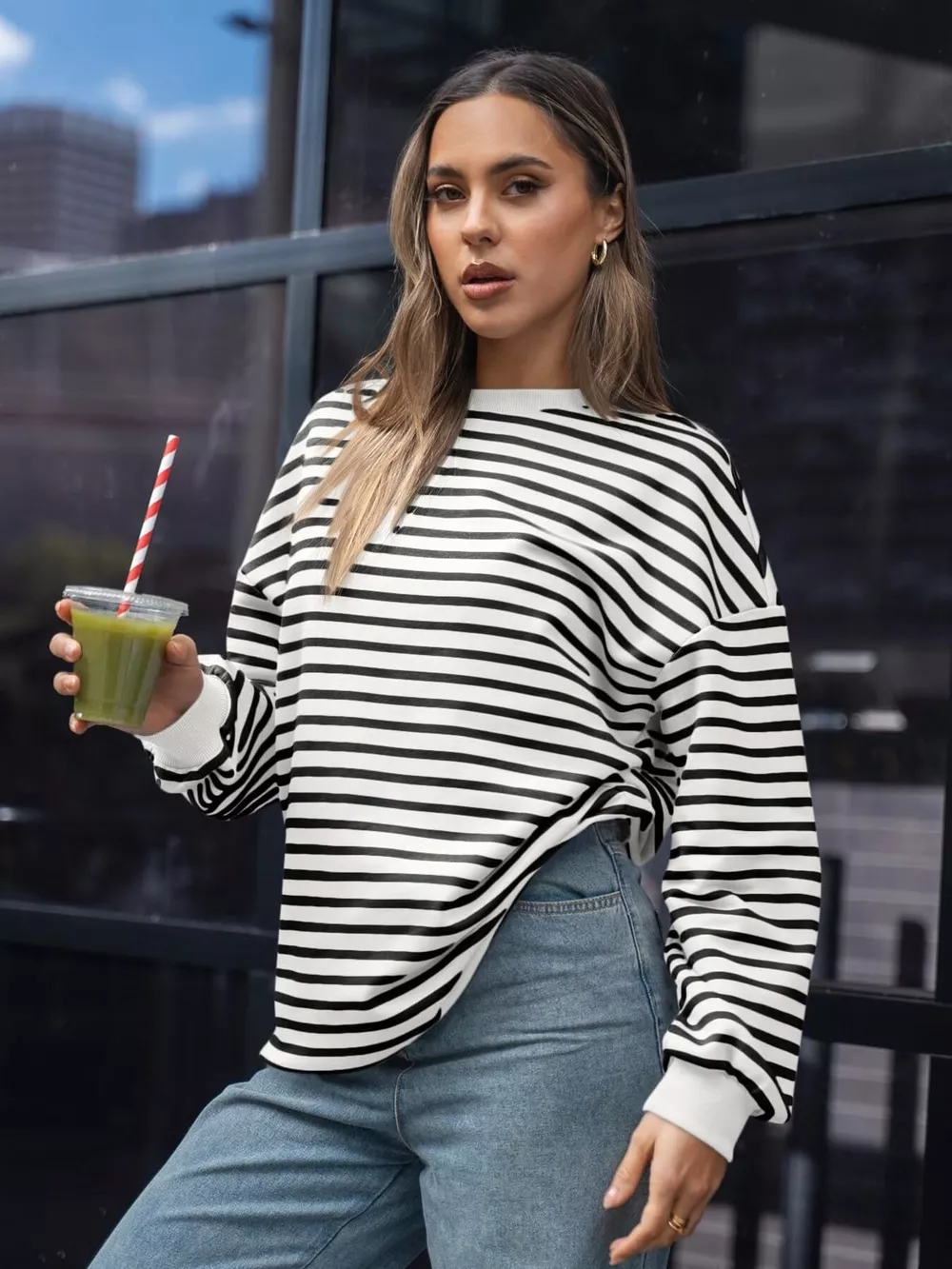 Striped Round Neck Oversized Casual Sweatshirt, image 3