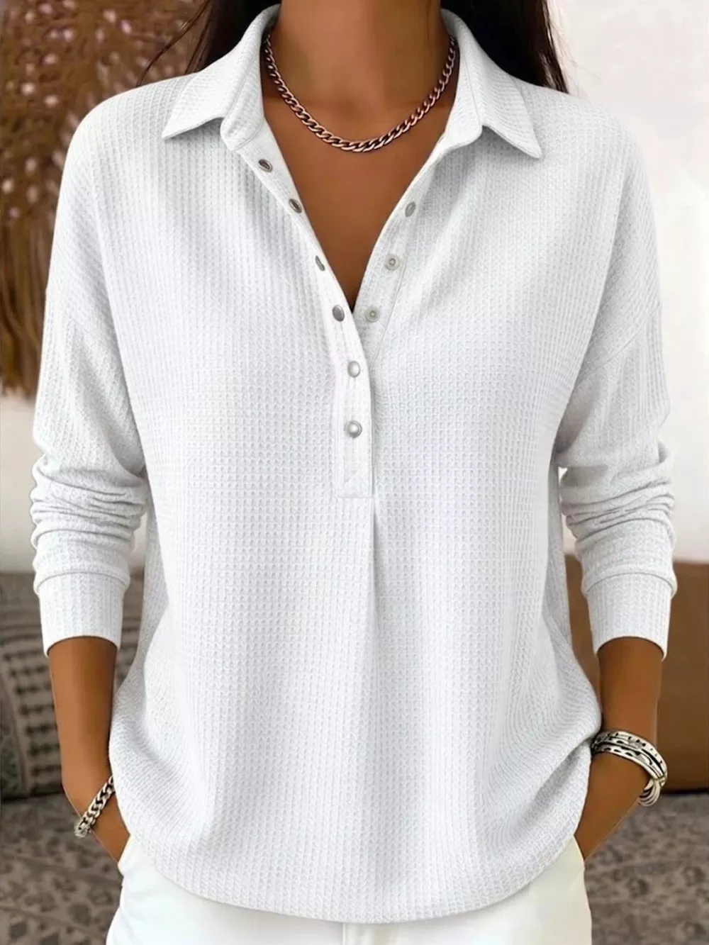 Waffle Knit Snap Down Blouse, image 7
