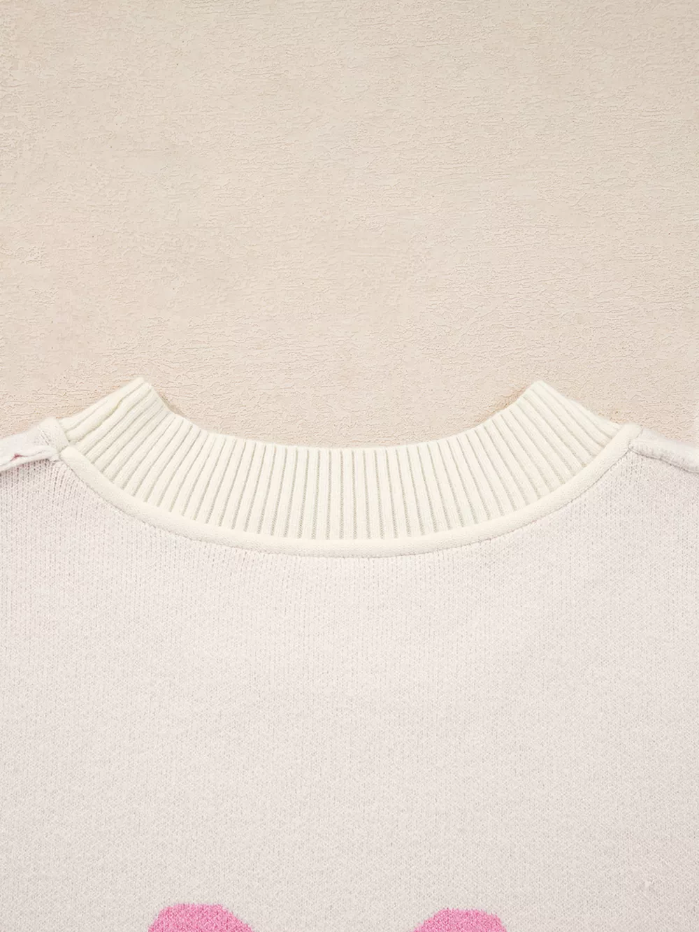 Bow Print Ribbed Trim Exposed Seam Drop Shoulder Loose Sweater, image 6