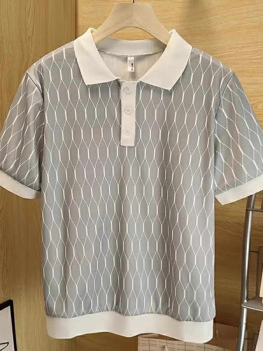 Men's Plus Size Diamond Pattern Contrast Collar Knit Polo, image 3