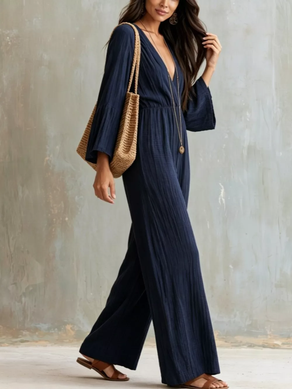 Textured Flare Sleeve Jumpsuit, image 2