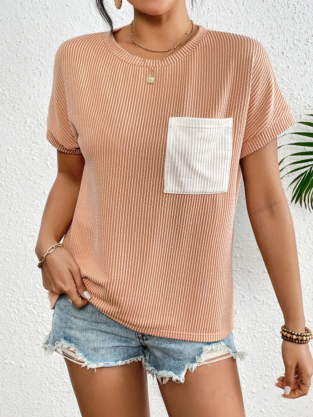 Ribbed Contrast Pocket T-Shirt