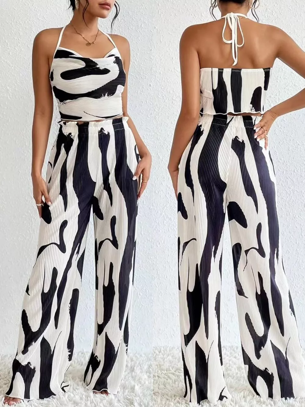 Abstract Print Halter Neck Crop Top and Wide Leg Pants Set, image 4