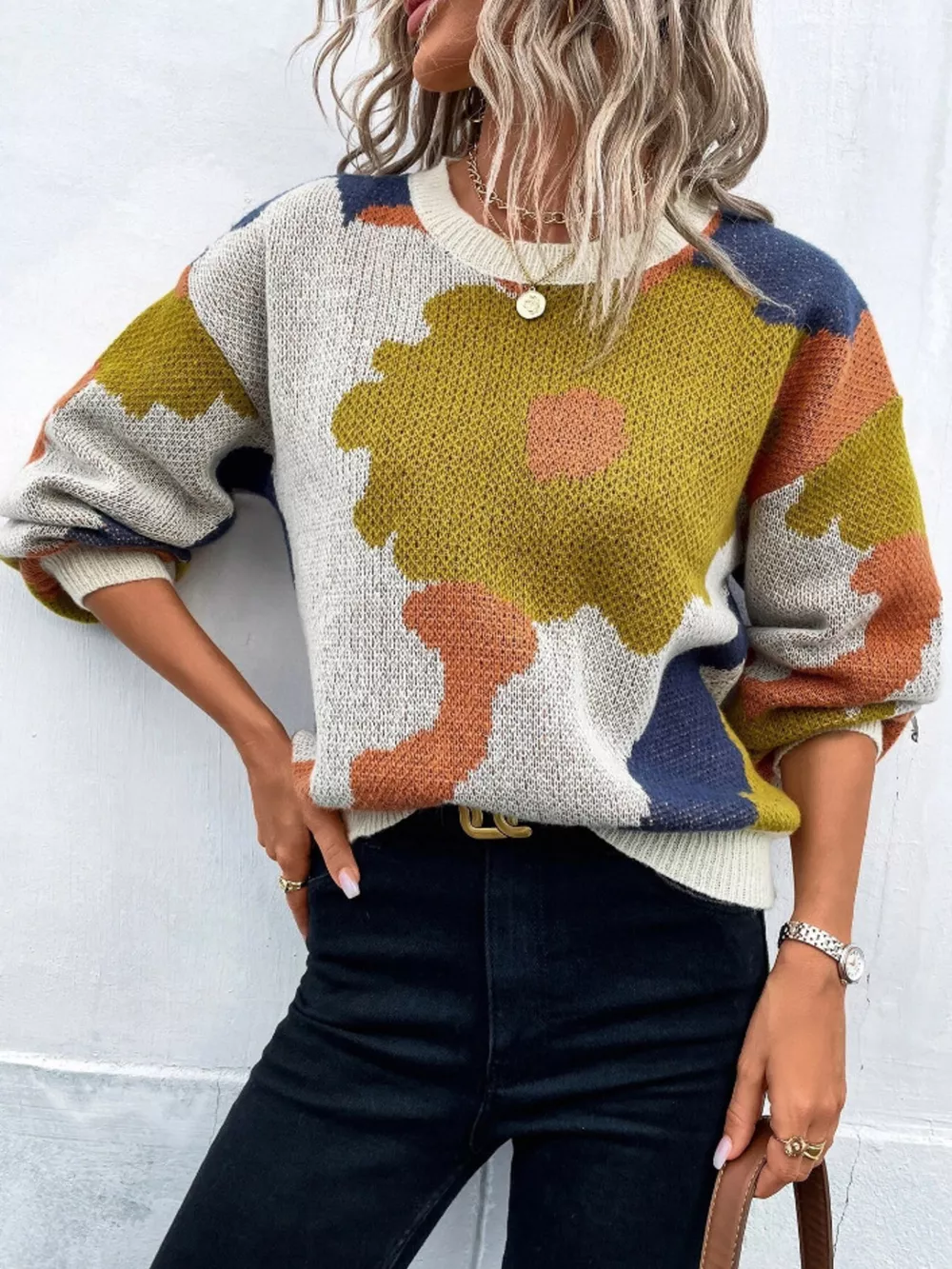 Floral Pattern Round Neck Sweater, image 5
