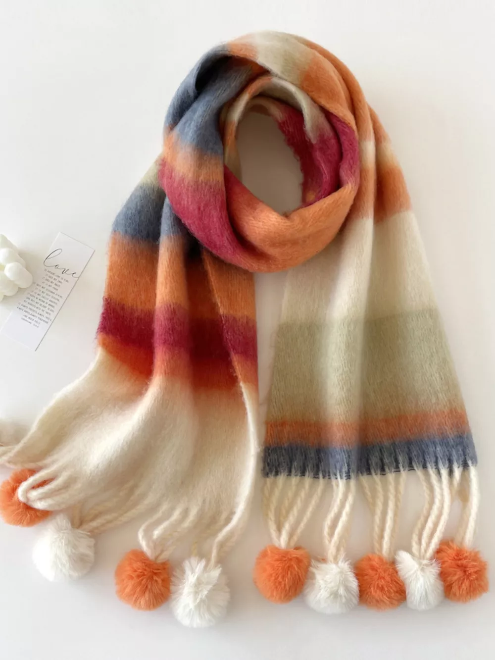 Rainbow Striped Fuzzy Scarf with Pom-Poms, image 6