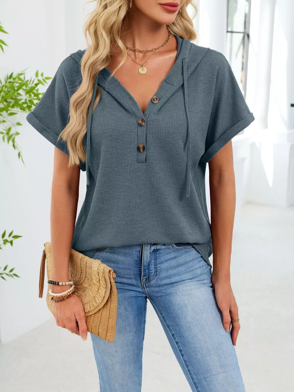 Casual Waffle Knit Button Detail Hooded Top, image 18