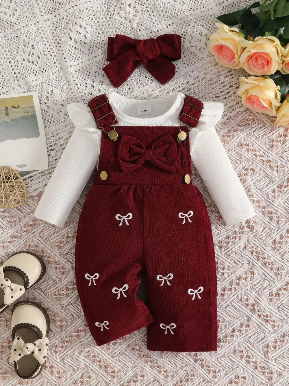 Children's Ribbed Bodysuit and Bow-Embroidered Overall Set with Headband, image 7