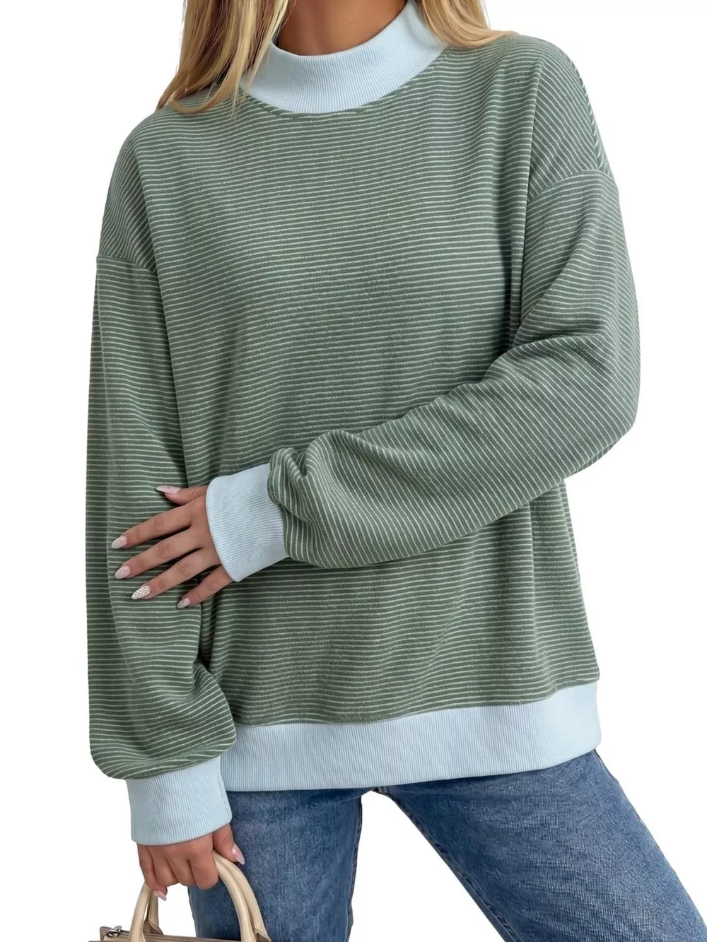 Casual Mock Neck Striped Long Sleeve T-Shirt, image 2