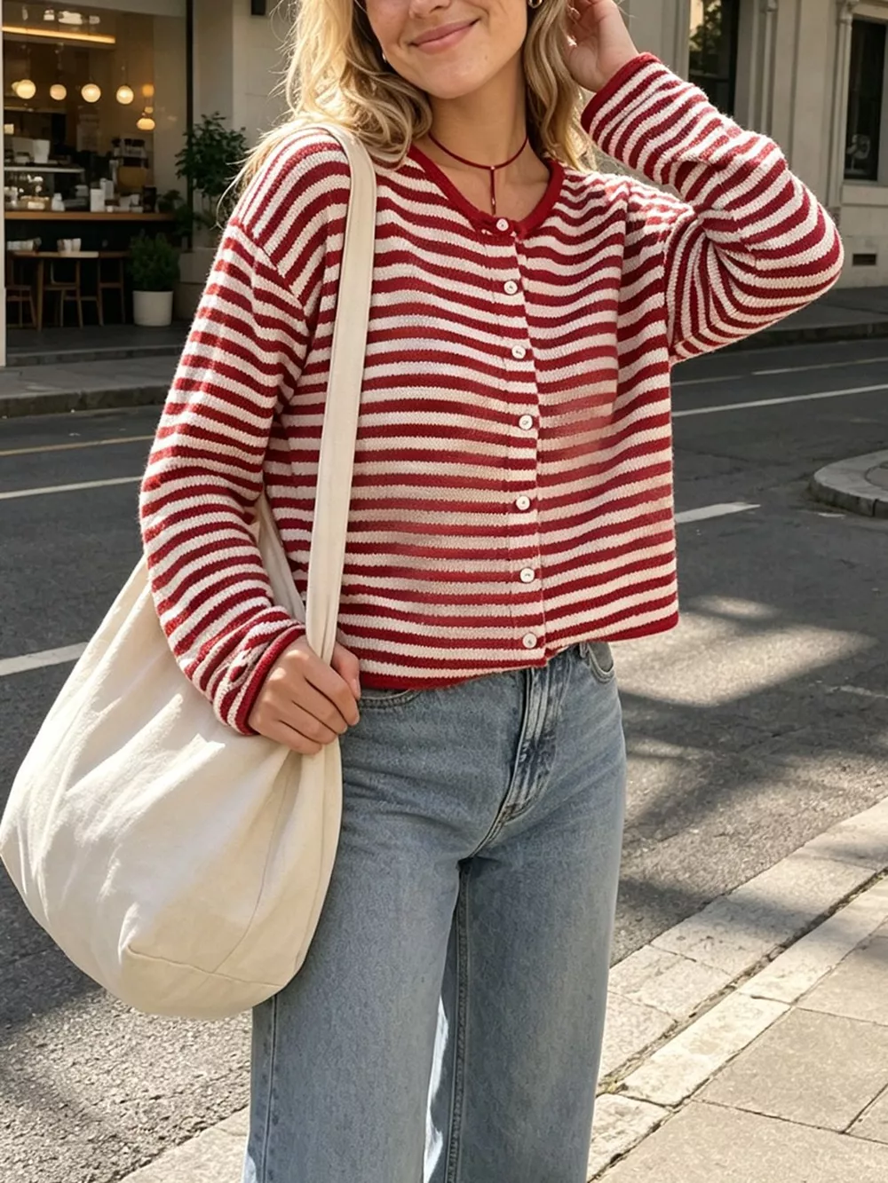 Striped Button-Down Knit Cardigan, image 4