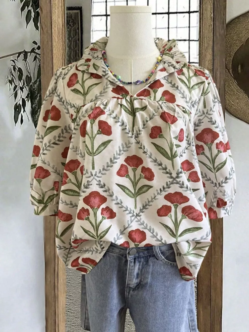 Floral Print Ruffle Collar Blouse, image 2