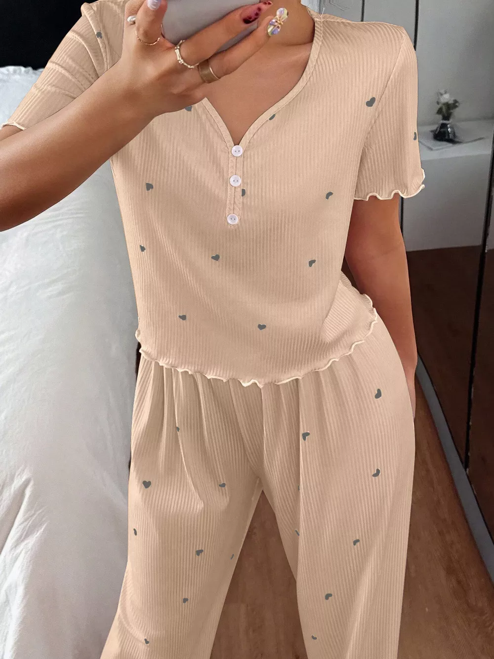 Heart Print Lettuce Trim Top and Pants Loungewear Set, image 10