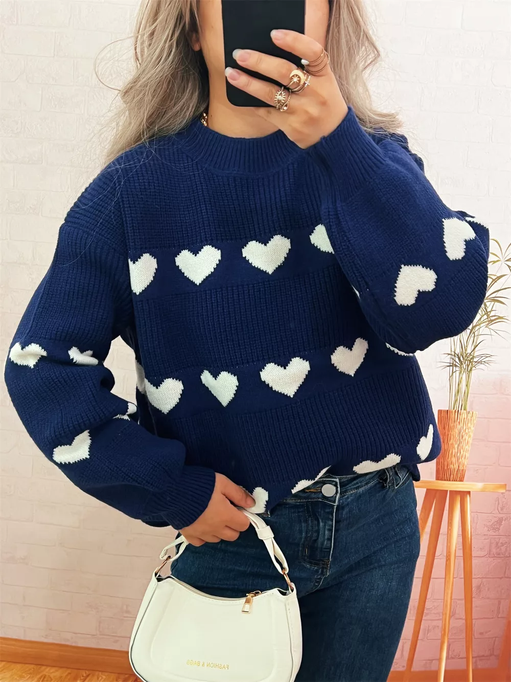 Heart Pattern Dropped Shoulder Sweater, image 16