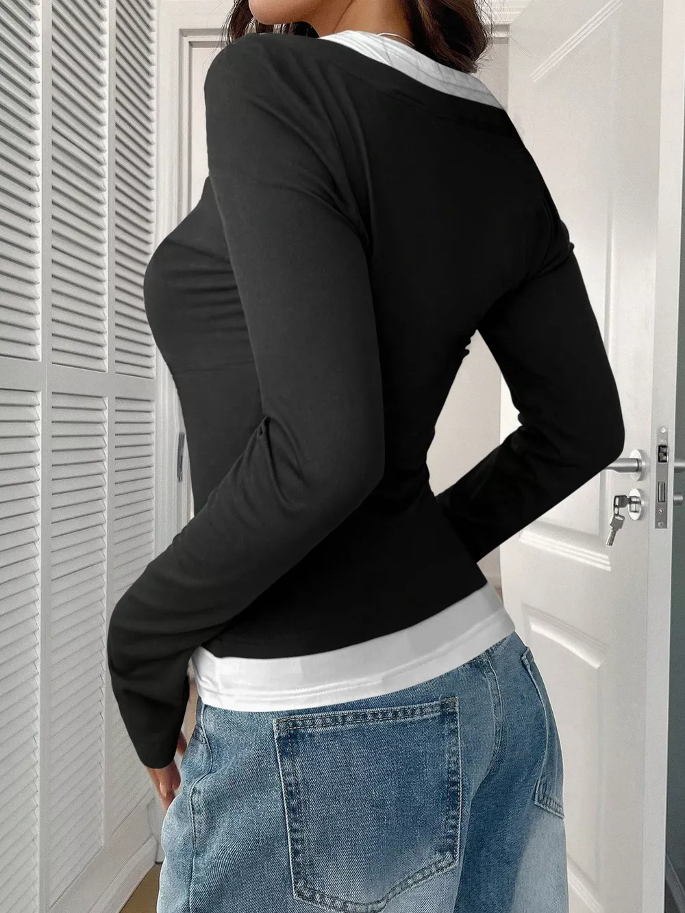 Scoop Neck Long Sleeve Fake Two-Piece T-Shirt, image 17