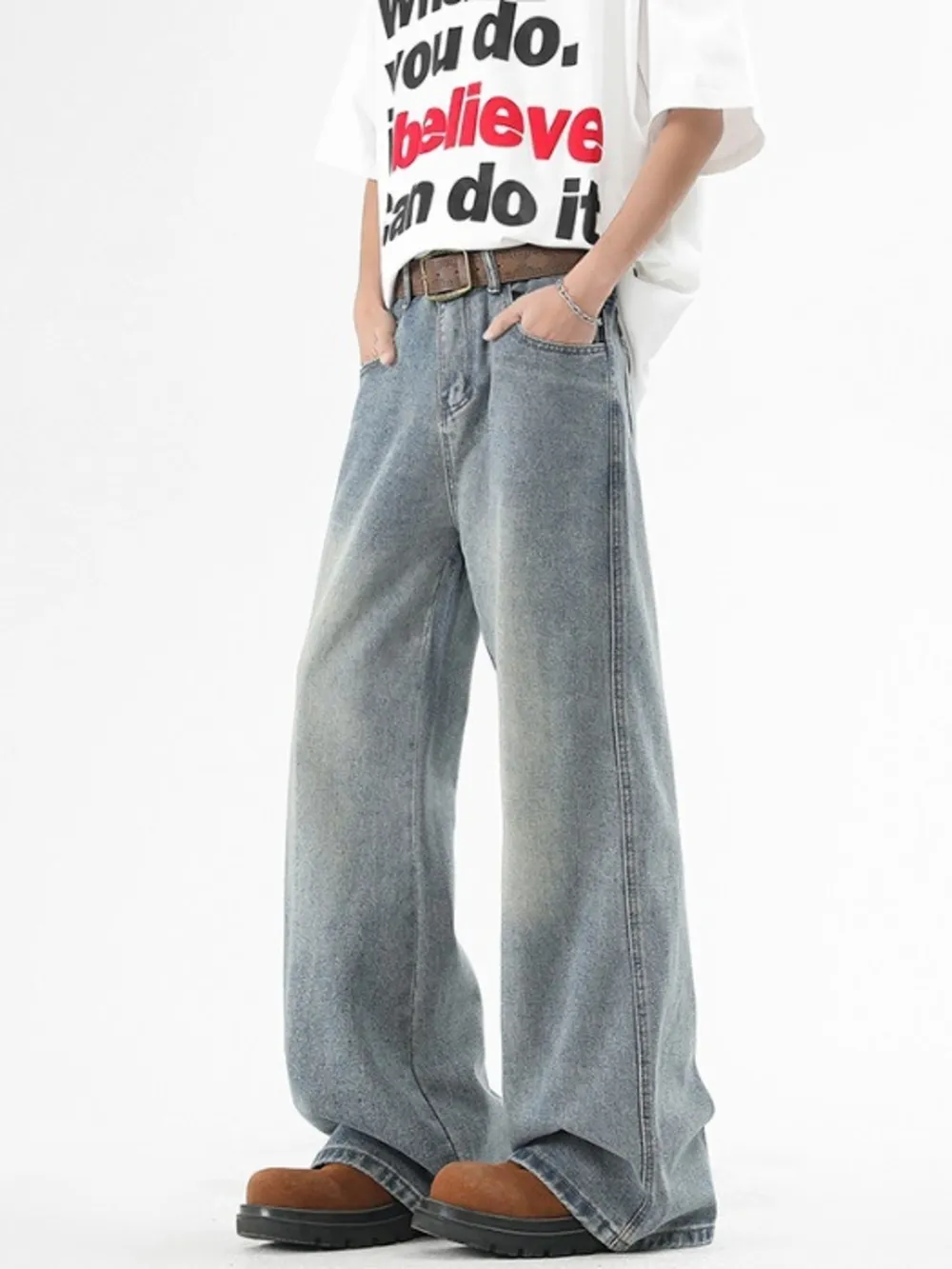 Men's Plus Size Washed Wide Leg Jeans, image 2