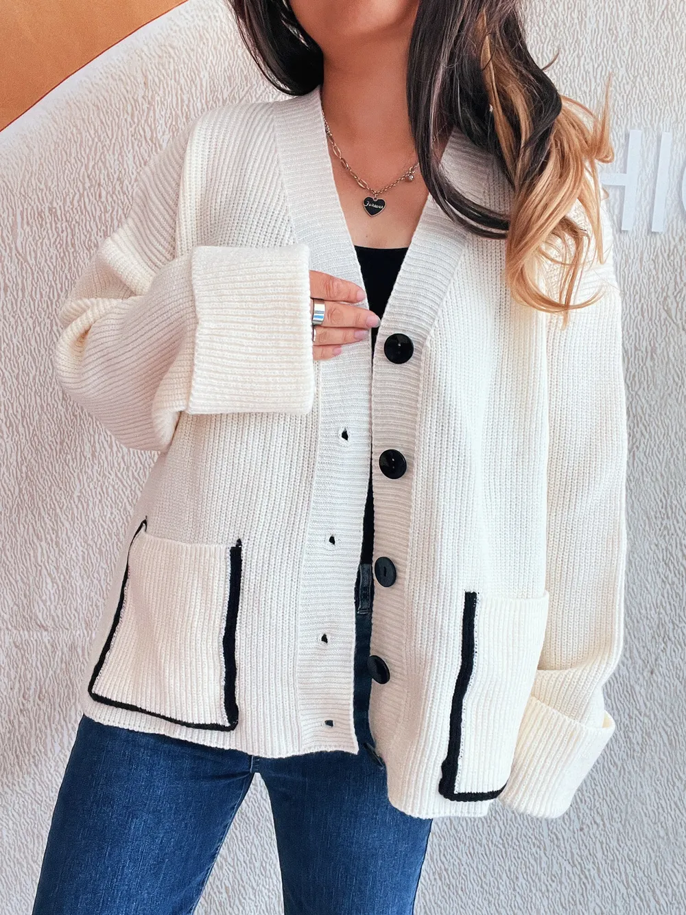 Button-Front Ribbed Cardigan with V-Neck, image 3