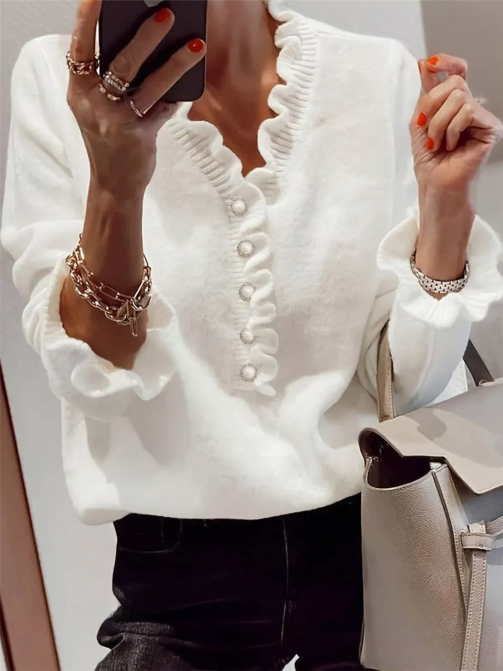 Ruffled Pearl Button Sweater, image 4