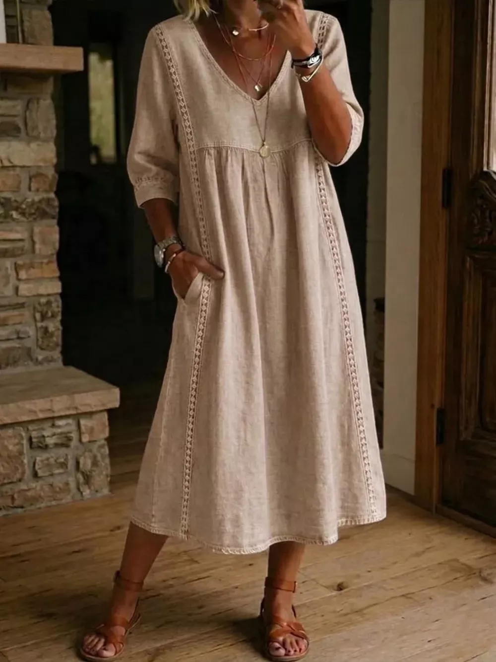 Full Size V-Neck 3/4 Sleeve Midi Dress Plus Size, image 11