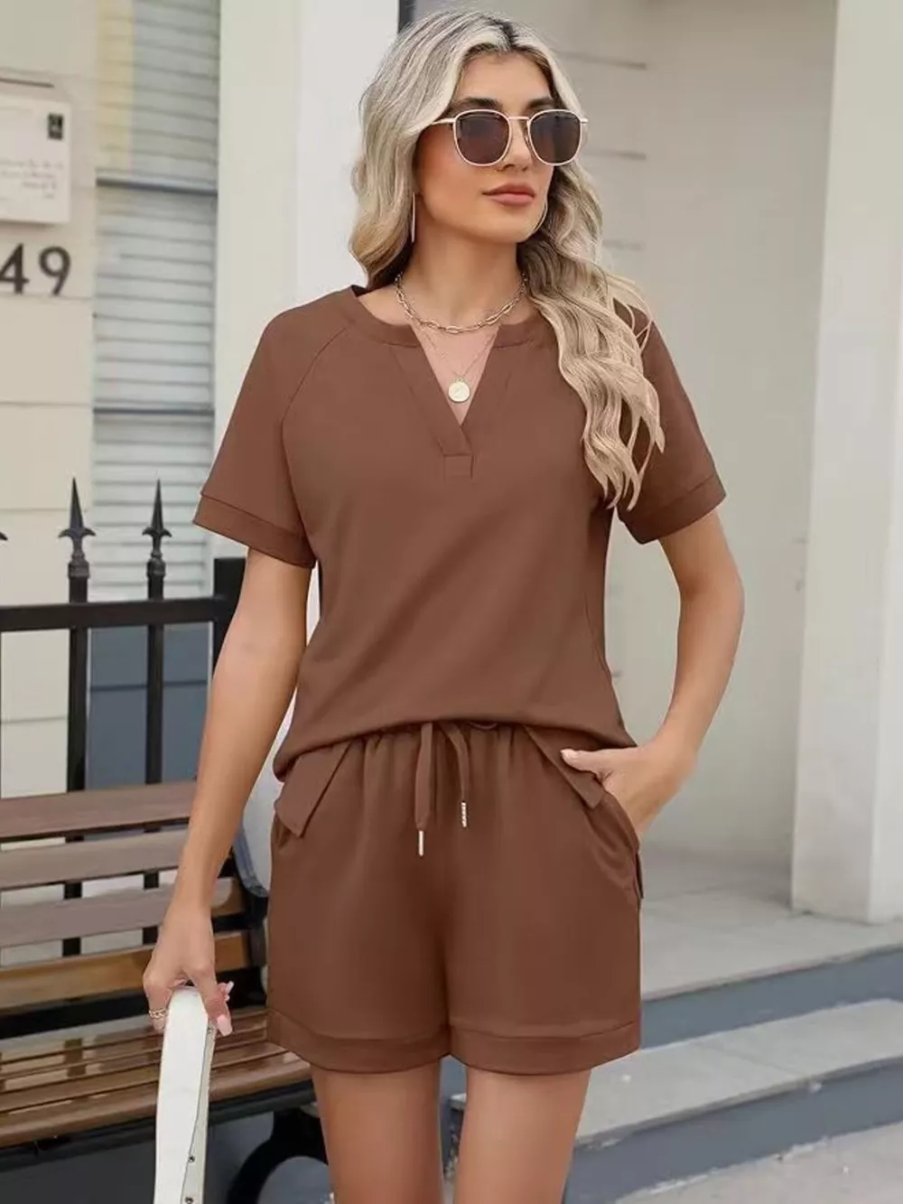 Solid Color Short Sleeve Top and Shorts Two-Piece Set, image 16