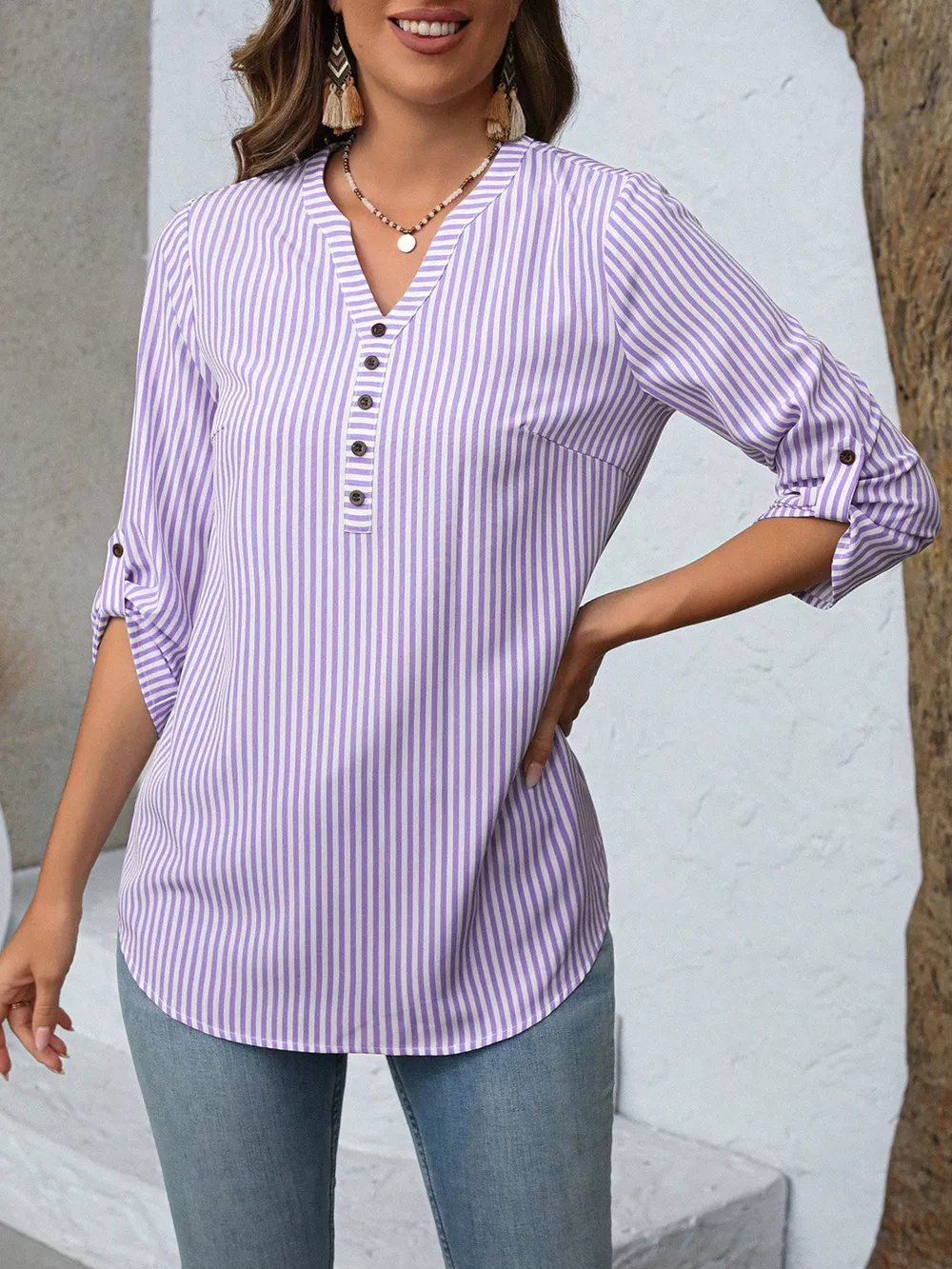 Striped V-Neck Roll-Up Sleeve Blouse, image 23
