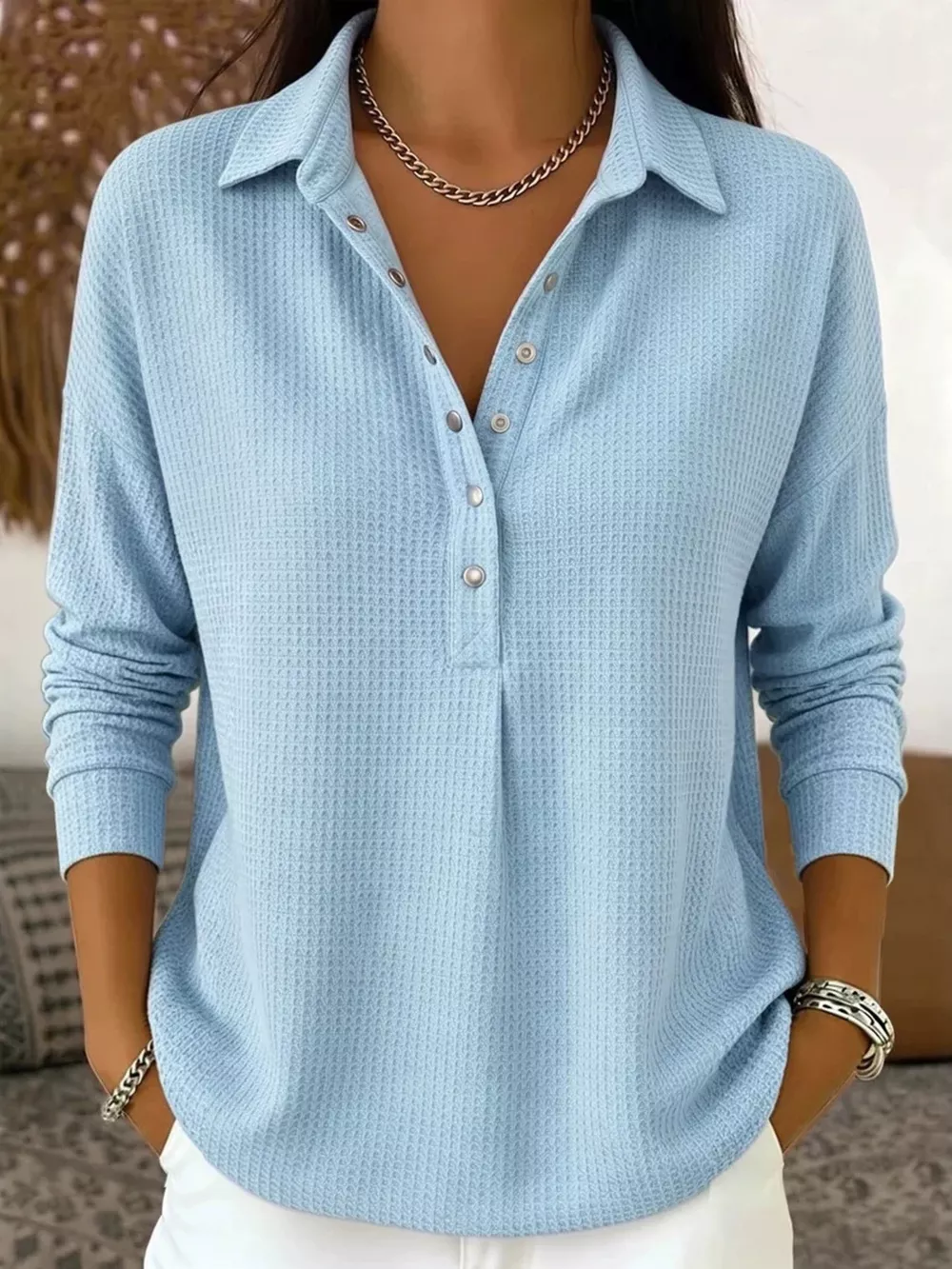 Waffle Knit Snap Down Blouse, image 5